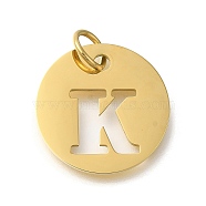 Ion Plating(IP) 304 Stainless Steel Pendants, with Jump Ring, Laser Cut, Flat Round with Letter Charm, Real 18K Gold Plated, Letter K, 20x1mm, Hole: 4.5mm(STAS-M074-01G-K)