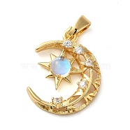 Brass Micro Pave Clear Cubic Zirconia with Glass Pendants, Moon & Star Charms, Real 18K Gold Plated, 19x14.5x3mm, Hole: 3x4mm(KK-G483-02G)