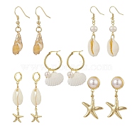 5 Pair 5 Style Natural Shell with Pearl Beaded Drop Earrings, Golden 304 Stainless Steel Starfish Dangle Hoop & Stud Earrings for Women, Seashell Color, 39~56mm, Pin: 0.6~0.8mm, 1 Pair/style(EJEW-TA00179)