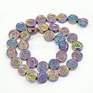 Electroplate Gorgeous Flat Round Carved Rose Non-magnetic Synthetic Hematite Beads Strands, Multi-color Plated, 12x4mm, Hole: 1mm, about 34pcs/strand, 15.7 inch(G-F141-04M)