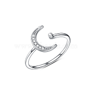 Anti-Tarnish Moon S925 Sterling Silver Clear Cubic Zirconia Cuff Ring for Daily Wear and Parties, Platinum(IT4101)