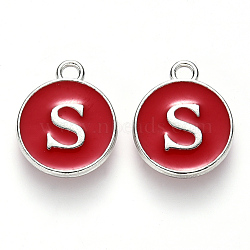 Platinum Plated Alloy Enamel Charms, Cadmium Free & Lead Free, Enamelled Sequins, Flat Round with Letter, Letter.S, 14x12x2mm, Hole: 1.5mm(X-ENAM-S118-03S-P)