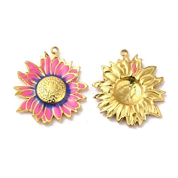 Real 18K Gold Plated 304 Stainless Steel Pendants, with Enamel, Flower Charm, Hot Pink, 23.5x20.5x3mm, Hole: 1.4mm(STAS-A084-29G-05)