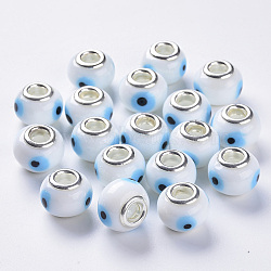 Handmade Lampwork European Beads, Large Hole Beads, with Silver Color Plated Brass Double Cores, Rondelle, Light Sky Blue, 14x11mm, Hole: 5mm(LAMP-S193-008F)