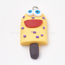 Handmade Polymer Clay Pendants, with Iron Findings, Ice Cream with Smile, Platinum, Yellow, 34~35x16~17x8~9mm, Hole: 2mm(CLAY-T012-23C)