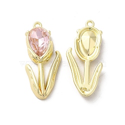 Alloy Pendant, with Glass, Light Gold, Lead Free & Cadmium Free, Tulip Flower of Life Charm, Pink, 32x14x5.5mm, Hole: 1.6mm(PALLOY-K001-081G-03)