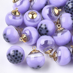 Glass Pendants, with Resin & Brass Findings, Bubble Tea, Round, Light Gold, Lilac, 20x16mm, Hole: 1.8mm(CRES-Q209-02E)