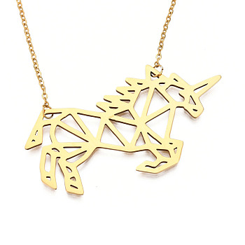 201 Stainless Steel Pendant Necklaces, with Cable Chains, Unicorn, Golden, 17.9 inch(45.5cm), 2mm, Unicorn: 38x53x2mm
