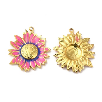 Real 18K Gold Plated 304 Stainless Steel Pendants, with Enamel, Flower Charm, Hot Pink, 23.5x20.5x3mm, Hole: 1.4mm