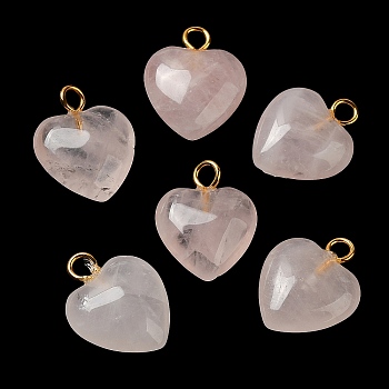 Natural Rose Quartz Pendants, Heart Charms with Golden Plated Brass Loops, 15~15.5x12~12.5x4.5~5.5mm, Hole: 2mm