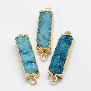 Electroplated Natural & Dyed Druzy Agate Links connectors, with Golden Plated Brass Findings, Rectangle, Dark Turquoise, 32~40x8x6~7mm, Hole: 2mm