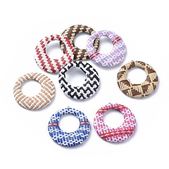 Handmade Raffia Woven Pendants, with Iron & Aluminum Findings, Flat Round, Platinum, Mixed Color, 43.5x40.5x5mm, Hole: 1.2mm