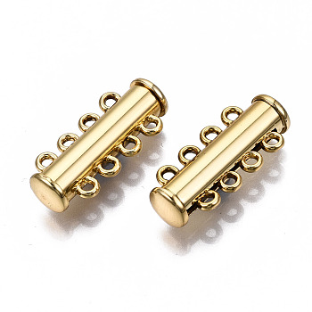 4-Strands Brass Magnetic Slide Lock Clasps, 8-Hole, Tube, Golden, 24x10.5x6.5mm, Hole: 1.5mm