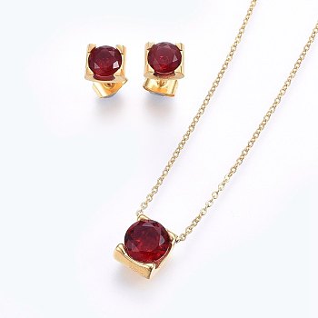 304 Stainless Steel Jewelry Sets, Pendant Necklaces and Stud Earrings, with Cubic Zirconia, Dark Red, Golden, 17.71 inch(45cm), 7x6x4.5mm, Pin: 0.8mm