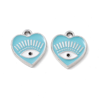 Alloy Enamel Pendants, Platinum, Heart with Eye Charm, Sky Blue, 14.5x13x1.5mm, Hole: 1.6mm