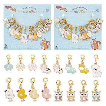 Alloy Enamel Pendant Stitch Markers, Animal Theme Crochet Lobster Clasp Charms, Locking Stitch Marker with Wine Glass Charm Ring, Mixed Shapes, Mixed Color, 2.5~3.5cm, 16pcs/set