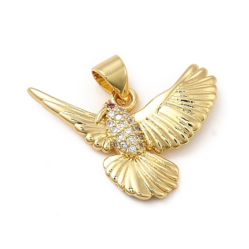 Rack Plating Brass Micro Pave Cubic Zirconia Pendants, Cadmium Free & Lead Free, Real 18K Gold Plated, Bird Charm, Clear, 24x17x2.5mm, Hole: 5x3.5mm