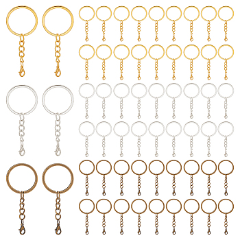 15Pcs 3 Colors Iron Split Key Rings, with Zinc Alloy Lobster Claw Clasps, Mixed Color, 66mm, 5pcs/color