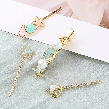 Conch/Starfish/Shell Shape Alloy Hair Bobby Pin Sets, with Rhinestone and Plastic Imitation Pearl and Enamel, Sky Blue, 55~63mm, 4pcs/set