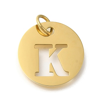 Ion Plating(IP) 304 Stainless Steel Pendants, with Jump Ring, Laser Cut, Flat Round with Letter Charm, Real 18K Gold Plated, Letter K, 20x1mm, Hole: 4.5mm