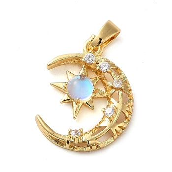 Brass Micro Pave Clear Cubic Zirconia with Glass Pendants, Moon & Star Charms, Real 18K Gold Plated, 19x14.5x3mm, Hole: 3x4mm