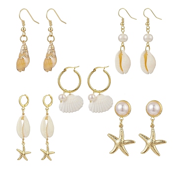5 Pair 5 Style Natural Shell with Pearl Beaded Drop Earrings, Golden 304 Stainless Steel Starfish Dangle Hoop & Stud Earrings for Women, Seashell Color, 39~56mm, Pin: 0.6~0.8mm, 1 Pair/style