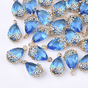 Transparent Glass Pendants, for DIY Jewelry Making, with Brass Findings, Faceted, teardrop, with Flower, Light Gold, Dodger Blue, 16x9x6mm, Hole: 1.2mm