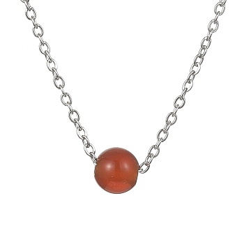 Natural Carnelian Round Bead Pendant Necklaces, Stainless Steel Cable Chain Necklace, for Women, 15-3/4 inch(40cm)