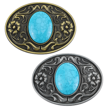 2Pcs 2 Colors Alloy Buckles, with Acrylic, Belt Fastener, for Men's Belt, Oval with Flower, Mixed Color, 66.5x90x15mm, 1pc/color