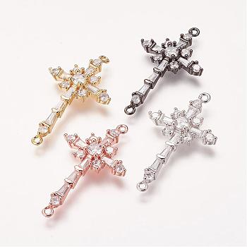 Brass Micro Pave Cubic Zirconia Links, Cross, Mixed Color, 34x20x4mm, Hole: 1mm