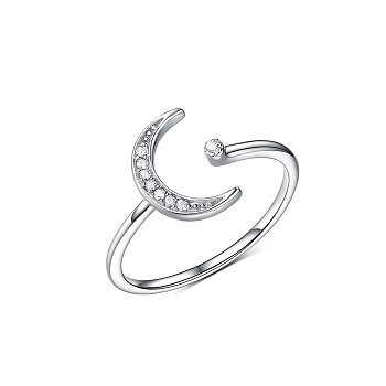 Anti-Tarnish Moon S925 Sterling Silver Clear Cubic Zirconia Cuff Ring for Daily Wear and Parties, Platinum