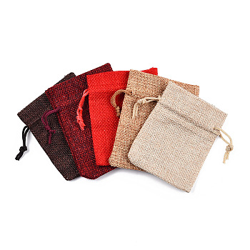 Polyester Imitation Burlap Packing Pouches Drawstring Bags, Mixed Color, 8.6x6.6cm