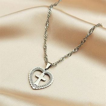 304 Stainless Steel Singapore Chain Necklaces, Rhinestone Heart Pendant Necklaces, Stainless Steel Color, 19.69 inch(50cm)