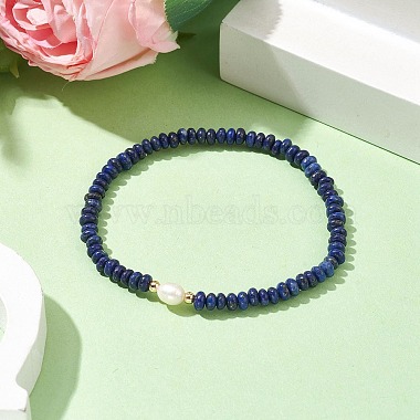 Natural Lapis Lazuli Rondelle & Pearl Beaded Stretch Bracelets(BJEW-JB09918-07)-2