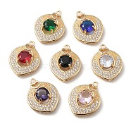 Brass with K9 Glass & Rhinestone Pendants, Light Gold, Oval with Heart Charms, Mixed Color, 24.5x18.5x7mm, Hole: 1.8mm(KK-C024-53KCG)