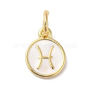 Real 18K Gold Plated Brass Enamel Charms, with Jump Ring, Long-Lasting Plated, Lead Free & Cadmium Free, Flat Round with Pisces Charms, White, 10x8x1mm, Hole: 4mm(KK-L216-001G-A02)