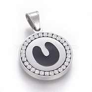 304 Stainless Steel Enamel Pendants, with Cubic Zirconia, Flat Round with Letter, Stainless Steel Color, Clear, Letter.U, 29x25x3mm, Hole: 5.5x8.5mm(STAS-E439-90U-P)