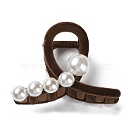 Flocking Plastic Claw Hair Clip, with Plastic Imitation Pearls, for Women Girls Thick Hair, Coffee, 82x60x47mm(PHAR-D015-02B)