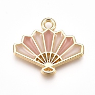 Chinese Style Alloy Pendants, with Enamel, Folding Fan Shape, Golden, Rosy Brown, 15x17x1.5mm, Hole: 1.6mm(X-ENAM-I043-03C)