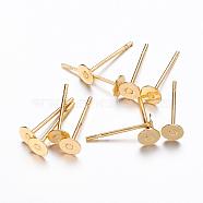 Stud Earring Findings, Lead Free and Cadmium Free, Brass Heads and Stainless Steel Pins, Golden Color, Size: about 12mm long, 0.6mm thick, Head: about 4mm in diameter(KK-C2904-G)