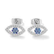 Brass Micro Pave Cubic Zirconia Stud Earrings, Evil Eye Jewelry for Women, Platinum, 7x12mm(EJEW-P247-02P)