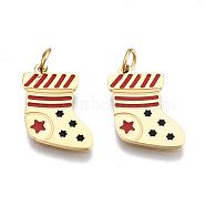 316 Surgical Stainless Steel Enamel Charms, with Jump Rings, for Christmas, Christmas Sock, Red and Black, Real 14K Gold Plated, 14x10.5x1mm, Jump Ring: 3.8x0.6mm, 2.6mm inner diameter(STAS-S116-398G)