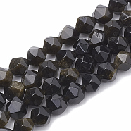 Natural Golden Sheen Obsidian Beads Strands, Star Cut Round Beads, Faceted, 8~10x7~8mm, Hole: 1mm, about 45~48pcs/strand, 14.2~14.6 inch(G-S332-8mm-012)