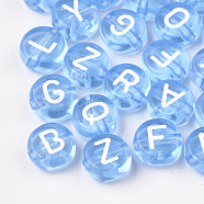 Transparent Acrylic Beads, Horizontal Hole, Mixed Letters, Flat Round, Cornflower Blue, 7x4mm, Hole: 1.5mm, about 3700pcs/500g(TACR-N002-04C)