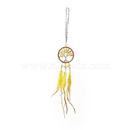 Woven Web/Net with Feather Pendant Decorations, Iron Wire Wrapped Citrine Tree of Life Dangle Decorations, Platinum, 365mm(HJEW-I013-01)