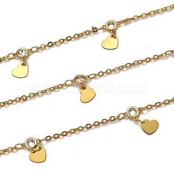 3.28 Feet Handmade Brass Cable Chains, with Clear Cubic Zirconia and Heart Charms, Long-Lasting Plated, Soldered, Golden, Links: 2.6x2.2x0.4mm, Heart: 6.3x7.2x0.5mm(X-CHC-L039-04G)
