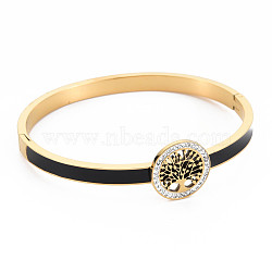 Crystal Rhinestone Flat Round with Tree of Life Bangle, Stainless Steel Hinged Bangle with Enamel for Women, Golden, Inner Diameter: 2x2-1/4 inch(5x5.7cm)(BJEW-N017-005LG)