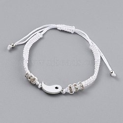 Adjustable Nylon Cord Braided Bead Bracelets, with Alloy Enamel Gossip/Yin Yang Links and Alloy Rhinestone Spacer Beads, White, Platinum, Inner Diameter: 1-3/4~3-1/8 inch(4.5~8cm)(EJEW-H118-02P)