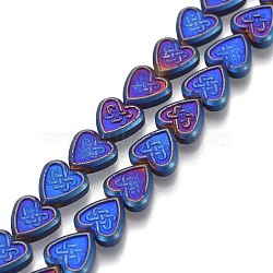 Non-magnetic Synthetic Hematite Beads Strands, Vacuum Plating, Heart with Chinese Knot, Blue Plated, 8x8x2.5mm, Hole: 0.8mm, about 52~56pcs/strand, 15.35''~16.54 inch(39~42cm)(G-O191-05G)