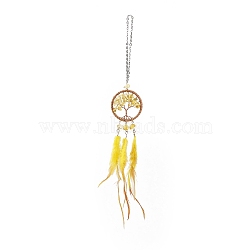 Woven Web/Net with Feather Pendant Decorations, Iron Wire Wrapped Citrine Tree of Life Dangle Decorations, Platinum, 365mm(HJEW-I013-01)